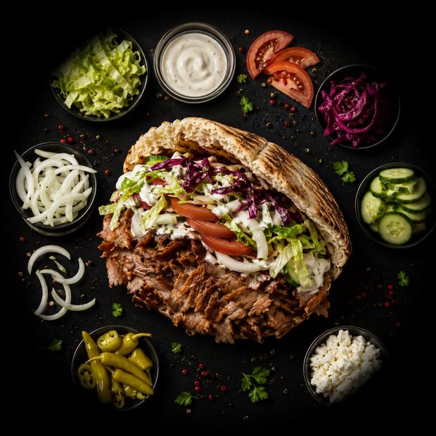 Döner Tasche mit Fleisch vom Drehspieß, Salat und Soße