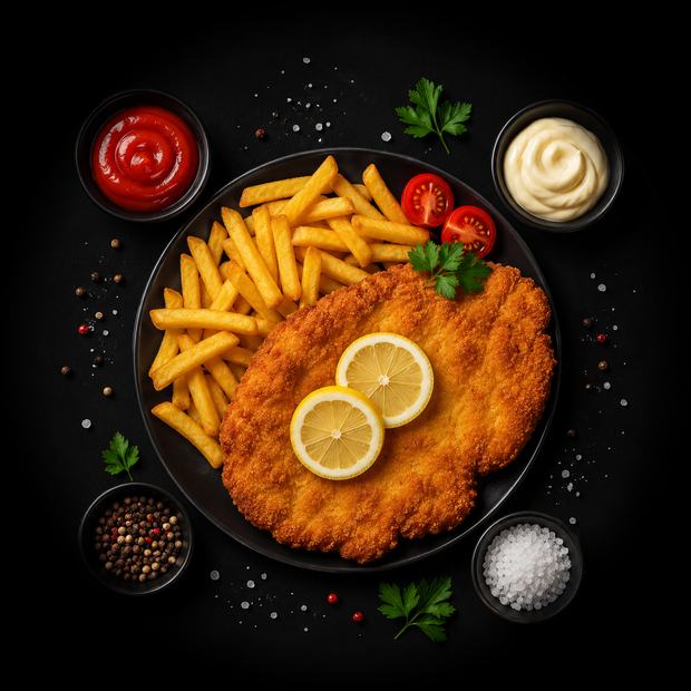 Hähnchenschnitzel mit Pommes frites