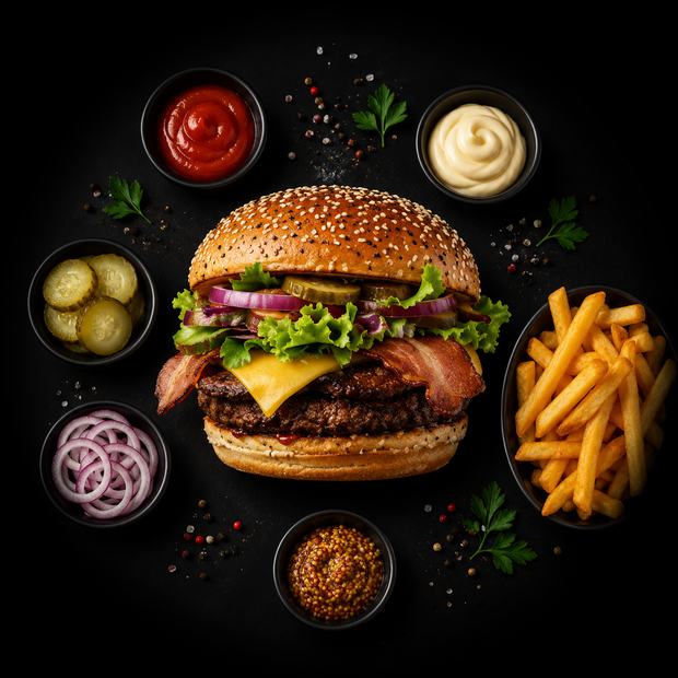 Hamburger mit Kalbfleisch und Pommes