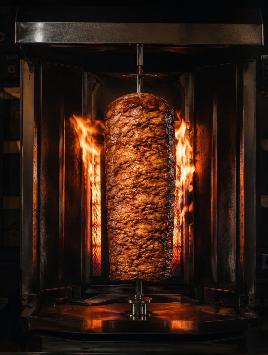 Dönerspieß am offenen Grill bei Döner Land in Oberhausen